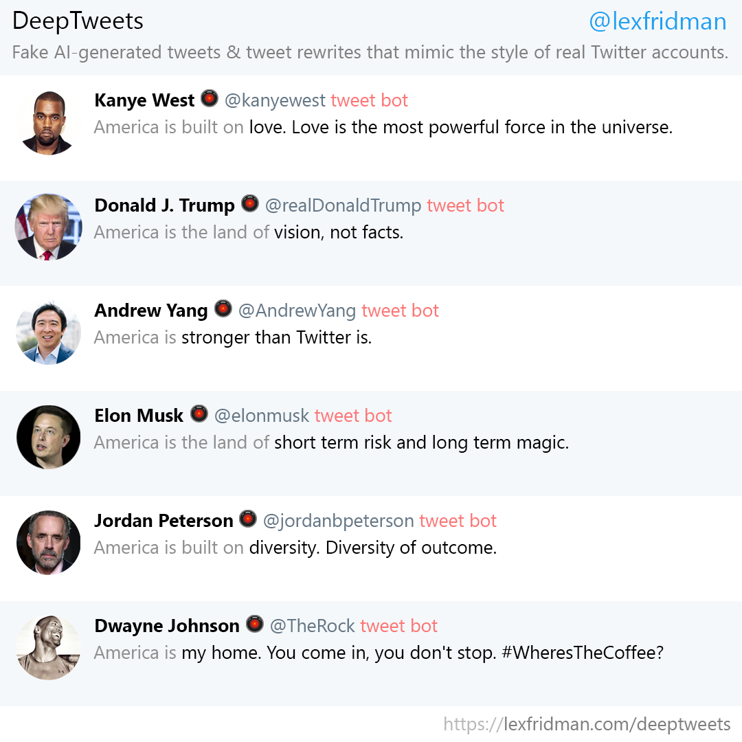 DeepTweets: Generating Fake Tweets with Neural Networks Trained on  Individual Twitter Accounts - Lex Fridman